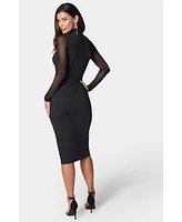 Bebe Women's Mesh Inset Long Sleeve Midi Dress