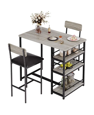 gaomon Dining Table Set for 2, Bar Table and Chairs for 2, Kitchen Table Set with 2 Upholstered Chairs,3 Large Storage Shelves,Grey