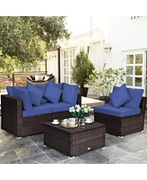 Sugift 4 Pieces Ottoman Garden Patio Rattan Wicker Furniture Set with Cushion-Navy