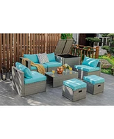 Sugift 8 Pieces Patio Rattan Furniture Set with Storage Waterproof Cover and Cushion-Turquoise