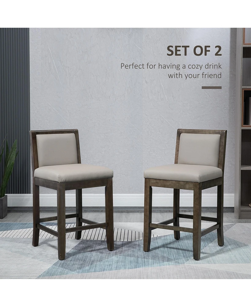 Streamdale Furniture 25.5" Counter Height Bar Stools Set of 2, Pu Leather Kitchen Stool, Upholstered Bar Chairs with Back, Wood Legs, Grey