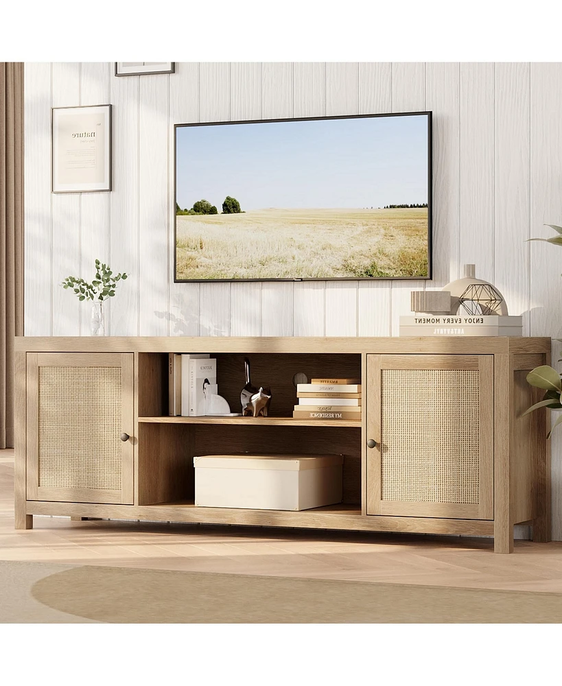 gaomon Tv Stand for 75 Inch Tv, Rattan Entertainment Center with Storage, Wood Tv & Media Console