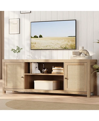 gaomon Tv Stand for 75 Inch Tv, Rattan Entertainment Center with Storage, Wood Tv & Media Console