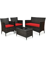 Sugift 4 Pieces Comfortable Rattan Outdoor Conversation Furniture Set with Glass Table