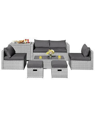 Sugift 8 Pieces Patio Rattan Furniture Set with Storage Waterproof Cover and Cushion-Gray