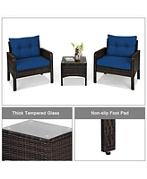 Sugift 3 Pieces Outdoor Patio Rattan Conversation Set with Seat Cushions-Navy