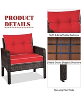 Sugift 3 Pcs Outdoor Patio Rattan Conversation Set with Seat Cushions-Red