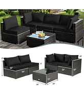 Sugift 5 Pieces Cushioned Patio Rattan Furniture Set with Glass Table-Black