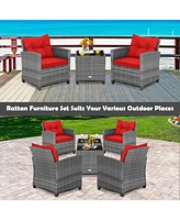 Sugift 3 Pieces Outdoor Wicker Conversation Set with Tempered Glass Tabletop-Red