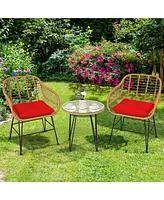 Sugift 3 Pieces Rattan Furniture Set with Cushioned Chair Table-Red