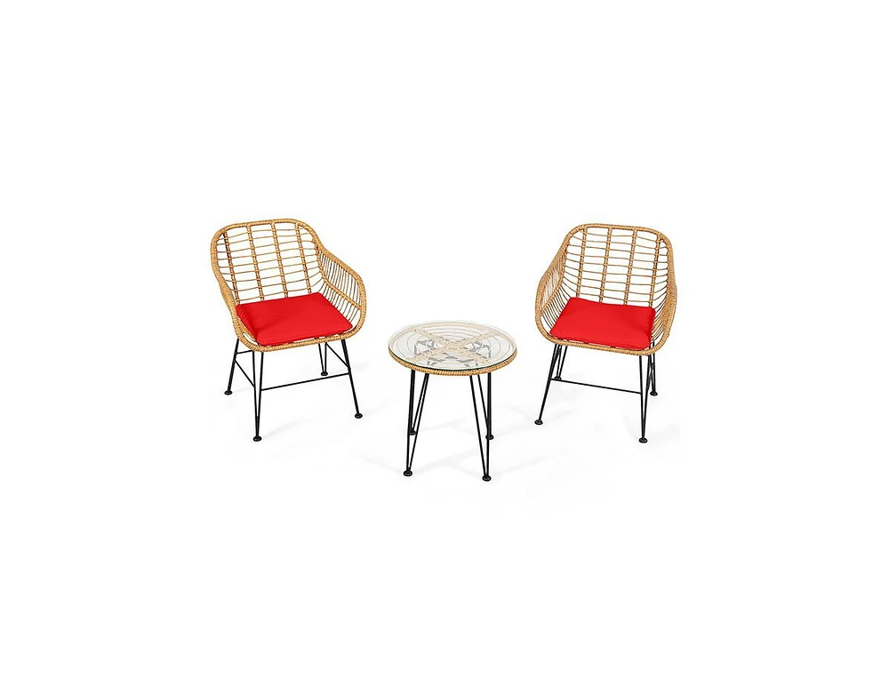 Sugift 3 Pieces Rattan Furniture Set with Cushioned Chair Table-Red