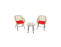 Sugift 3 Pieces Rattan Furniture Set with Cushioned Chair Table-Red