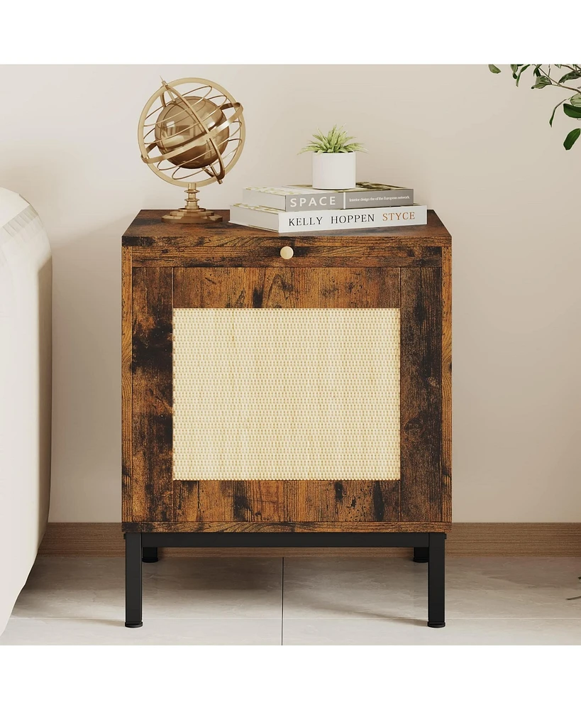 gaomon Rattan End Table - Set of 1, Wood Nightstand with Storage Shelf