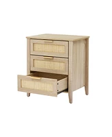 gaomon Nightstand, Rattan End Table, Nightstands with 3 Natural Rattan Drawers, Strong Support Wooden Structure, Side Table