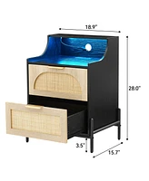 Rattan Nightstand with Charging Station and Led Lights, Bedside Table with 2 Storage Rattan Drawer, Storage End Table, Black