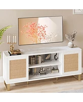 gaomon Tv Stand for 65 Inch Tv, Rattan Entertainment Center Modern Tv Console Table White Tv Stand with Storage, Doors and Shelves