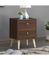 Sugift 2-Drawer Nightstand Beside End Side Table with Rubber Legs-Brown