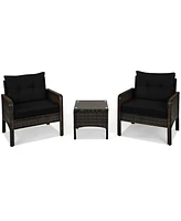 Sugift 3 Pcs Outdoor Patio Rattan Conversation Set with Seat Cushions-Black
