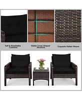 Sugift 3 Pcs Outdoor Patio Rattan Conversation Set with Seat Cushions-Black