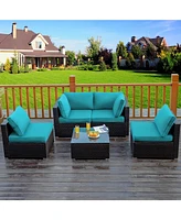 Sugift 5 Pieces Cushioned Patio Rattan Furniture Set with Glass Table-Turquoise