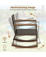 Sugift 3 Pieces Rattan Rocking Bistro Set with Coffee Table and Cushions-Gray