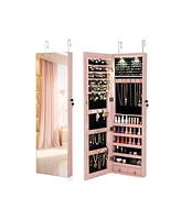 Sugift Wall and Door Mounted Mirrored Jewelry Cabinet with Lights-Pink