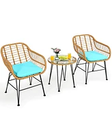 Sugift 3 Pieces Rattan Furniture Set with Cushioned Chair Table-Turquoise
