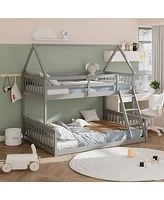 Sugift Twin Over Full House Bunk Bed with Ladder and Guardrails-Gray