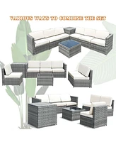 Sugift 8 Piece Wicker Sofa Rattan Dinning Set Patio Furniture with Storage Table-White