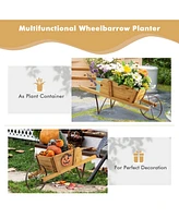 Sugift Wooden Wagon Planter with 9 Magnetic Accessories for Garden Yard-Walnut