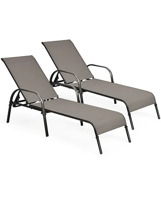 Sugift 2 Pcs Outdoor Patio Lounge Chair Chaise Fabric with Adjustable Reclining Armrest-Brown