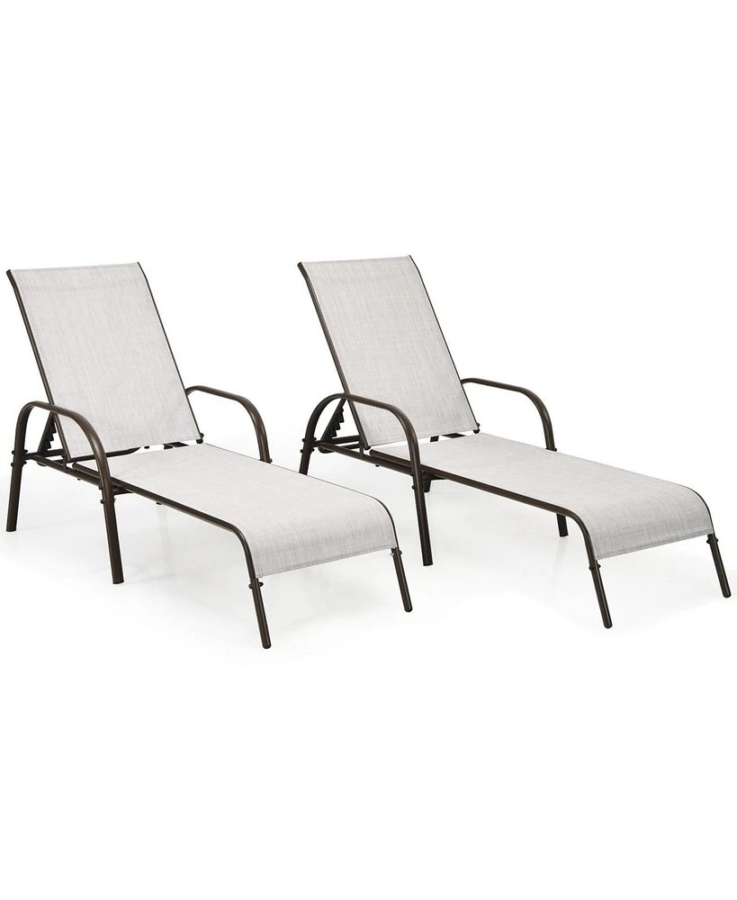 Sugift 2 Pcs Outdoor Patio Lounge Chair Chaise Fabric with Adjustable Reclining Armrest-Gray