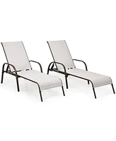 Sugift 2 Pcs Outdoor Patio Lounge Chair Chaise Fabric with Adjustable Reclining Armrest-Gray