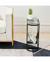 Slickblue Set of 2 Glass Oval Small Side Tables with Magazine Organizer, Perfect for Living Room and Small Spaces