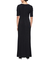 Sl Fashions Women's Sparkle Knit Ruched-Sleeve Gown