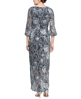 Sl Fashions Women's Metallic Print Blouson-Sleeve High-Low Gown