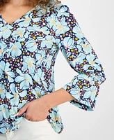 Style & Co Petite Blooming Floral V-Neck Smocked-Shoulder Top, Exclusively at Macy's