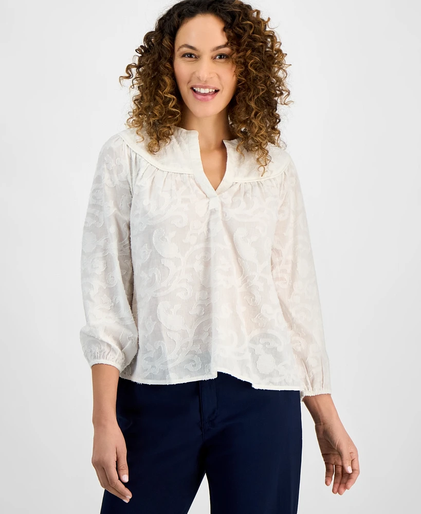 Style & Co Petite Cotton Split-Neck 3/4-Sleeve Top, Exclusively at Macy's