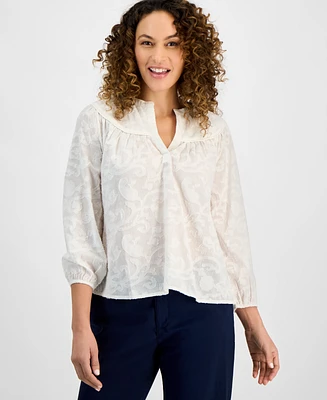 Style & Co Petite Cotton Split-Neck 3/4-Sleeve Top, Exclusively at Macy's