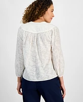 Style & Co Petite Cotton Split-Neck 3/4-Sleeve Top, Exclusively at Macy's