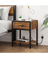 gaomon Nightstand Set of 2 with Charging Station, Retro Side Table with 1 Drawer, Open Storage Shelf