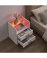 gaomon White Nightstand Led Night Stand with 2 Drawers