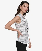 Karl Lagerfeld Paris Women's Printed Tie-Sleeve Sleeveless Blouse