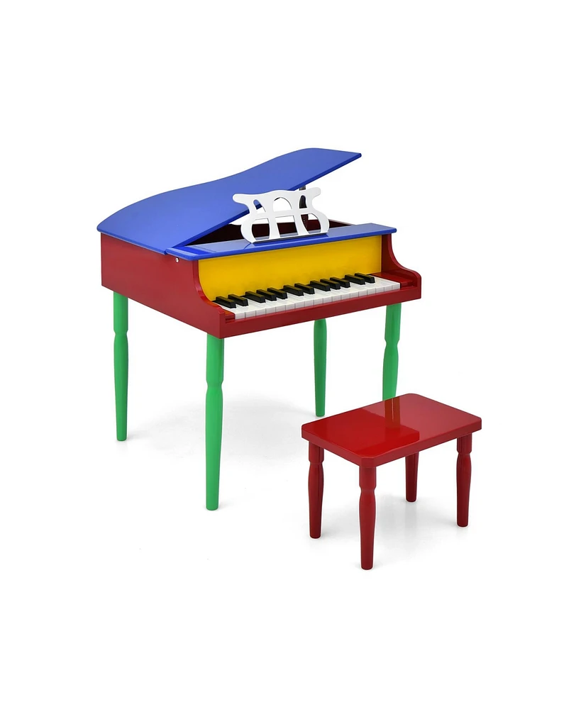 Sugift 30-Key Wood Toy Kids Grand Piano with Bench and Music Rack-Multicolor