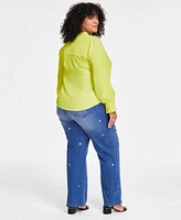 Vince Camuto Plus Size Split Neck Blouson Sleeve Shirt Grommet Embellished Wide Leg Jeans