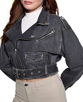 Guess Women's Cropped Belted-Hem Denim Moto Sandy Jacket