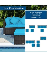 Sugift 4 Pcs Ottoman Garden Deck Patio Rattan Wicker Furniture Set Cushioned Sofa-Turquoise