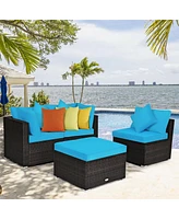 Sugift 4 Pcs Ottoman Garden Deck Patio Rattan Wicker Furniture Set Cushioned Sofa-Turquoise