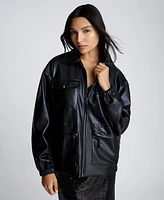 Kenneth Cole Women's Faux-Leather Shirt-Collar Utility Bomber Jacket