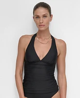 Dkny Women's Halter V-Neck Shirred Tankini Top